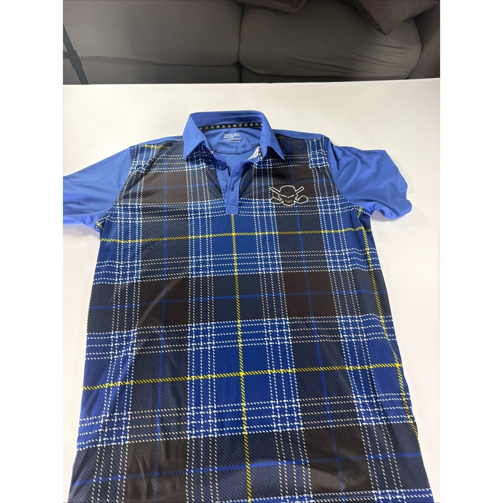 MENS TATTOO GOLF PERFORMANCE BLUE/ BLACK/WHITE PLAID POLO GOLF SHIRT SIZE M